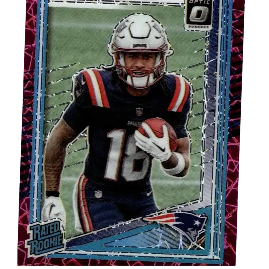 A donruss optic 2025 kyle williams pink velocity football card with a vibrant pink and blue holographic border