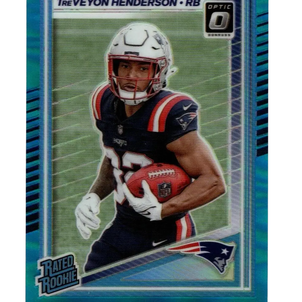 2025 donruss optic treveyon henderson rookie card neon blue finish with patriots uniform holding red football number 248