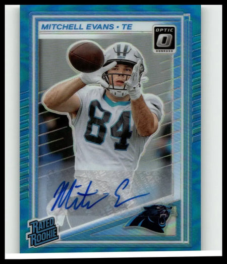 Blue and silver 2025 donruss optic mitchell evans rated rookies autograph card with carolina panthers logo