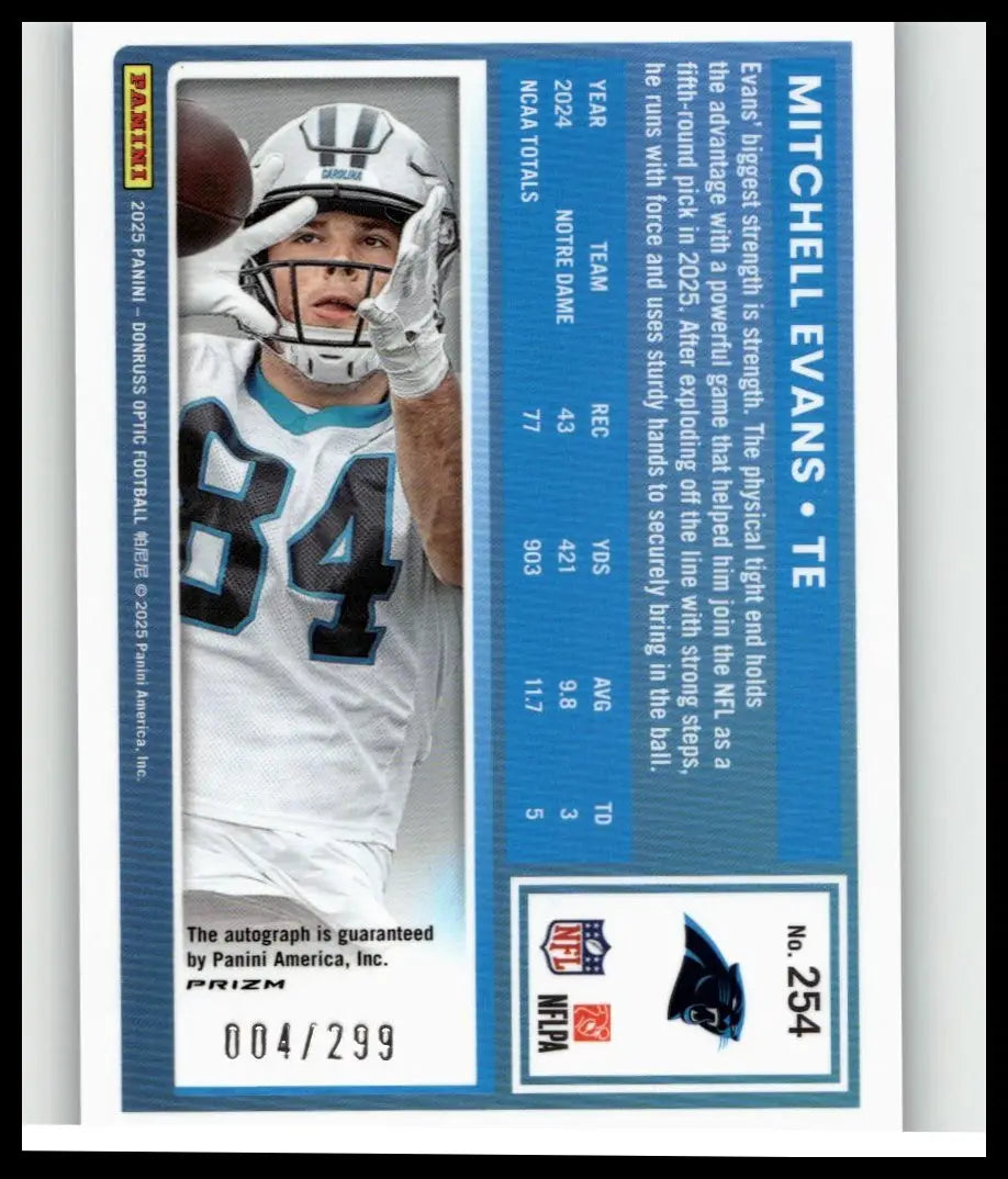Mitchell Evans rated rookies autograph trading card 2025 Donruss Optic neon blue #254 numbered 299