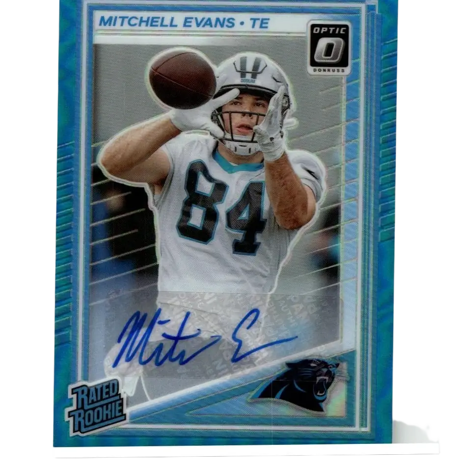 Blue and silver framed donruss optic football trading card featuring mitchell evans number 84 in white teal jersey