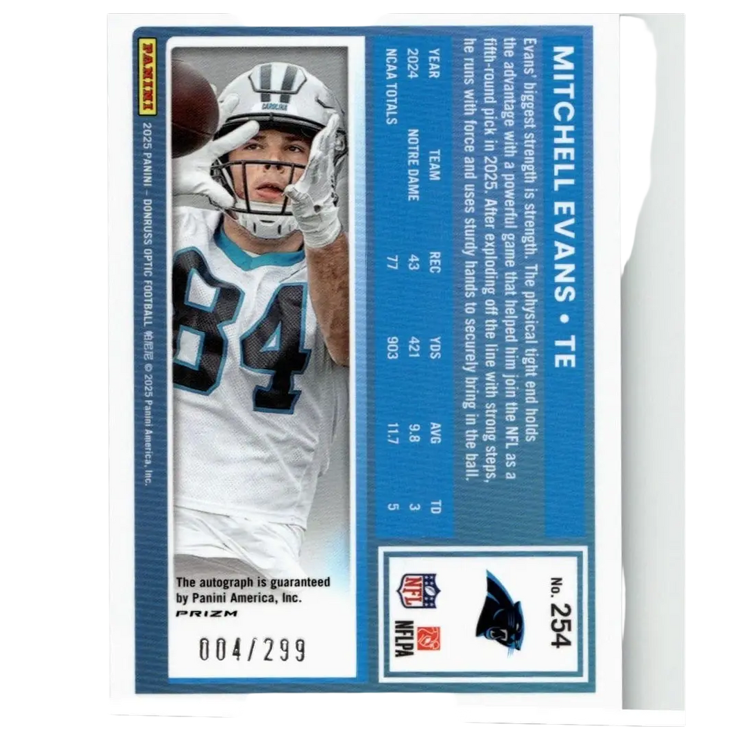 2025 Donruss Optic #254 Mitchell Evans action figure in white and teal Carolina Panthers jersey with black numerals