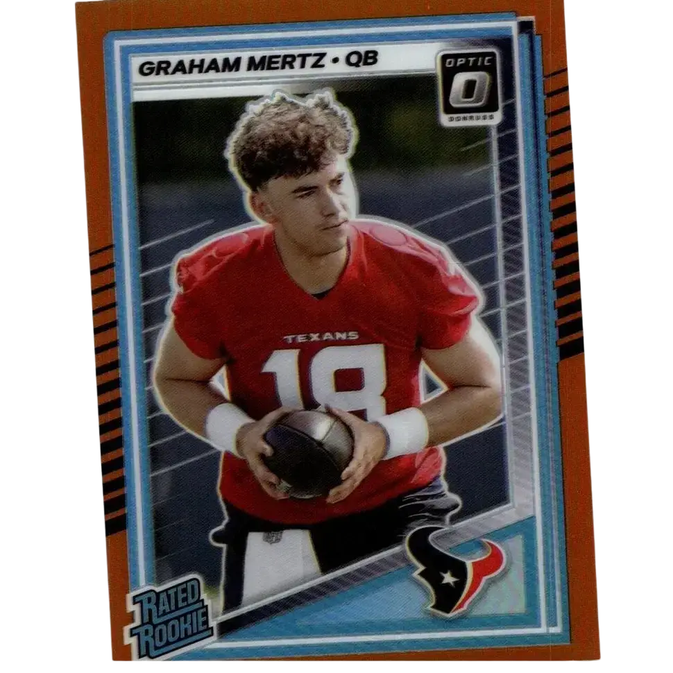 Orange and blue bordered donruss optic football card featuring graham mertz in red texans jersey number 18