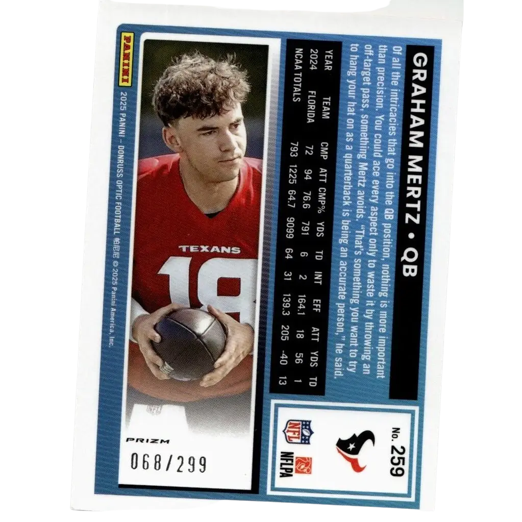 2025 donruss optic #259 graham mertz orange football card featuring mertz in red texans jersey holding a football