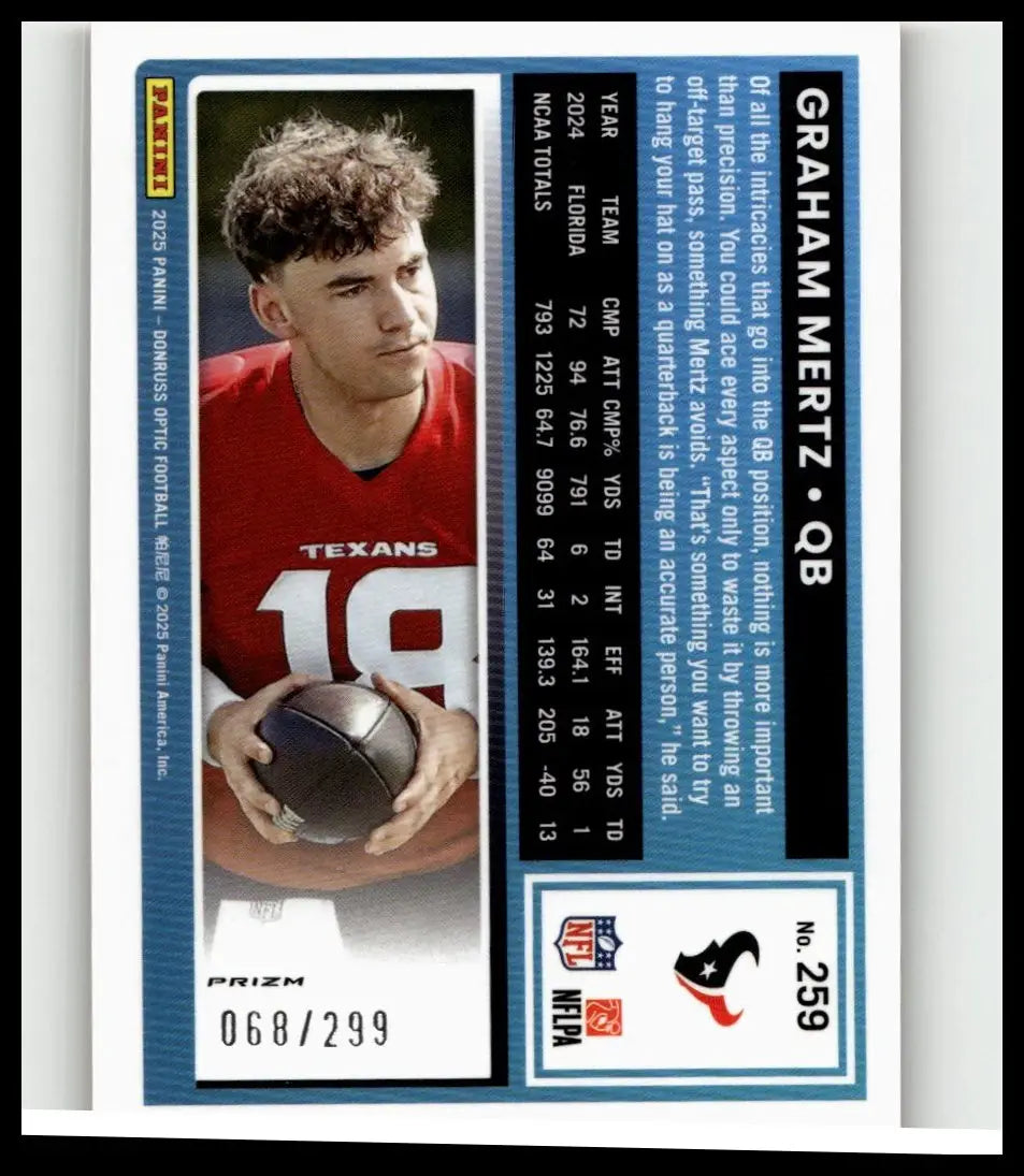 2025 Donruss Optic football card of Graham Mertz in red Texas jersey holding ball with orange parallel number 259 of 299