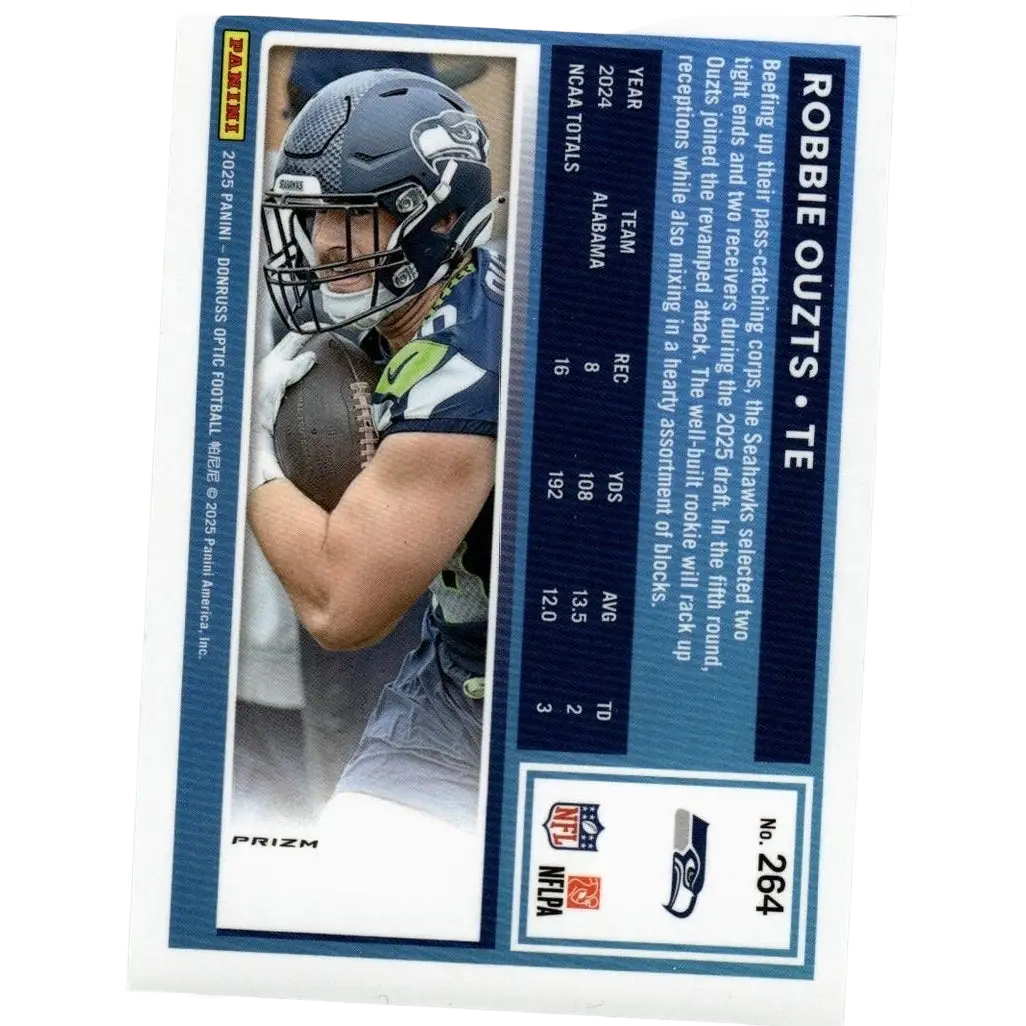 Blue and black seattle seahawks football trading card featuring robbie ouzts holo from 2025 donruss optic series