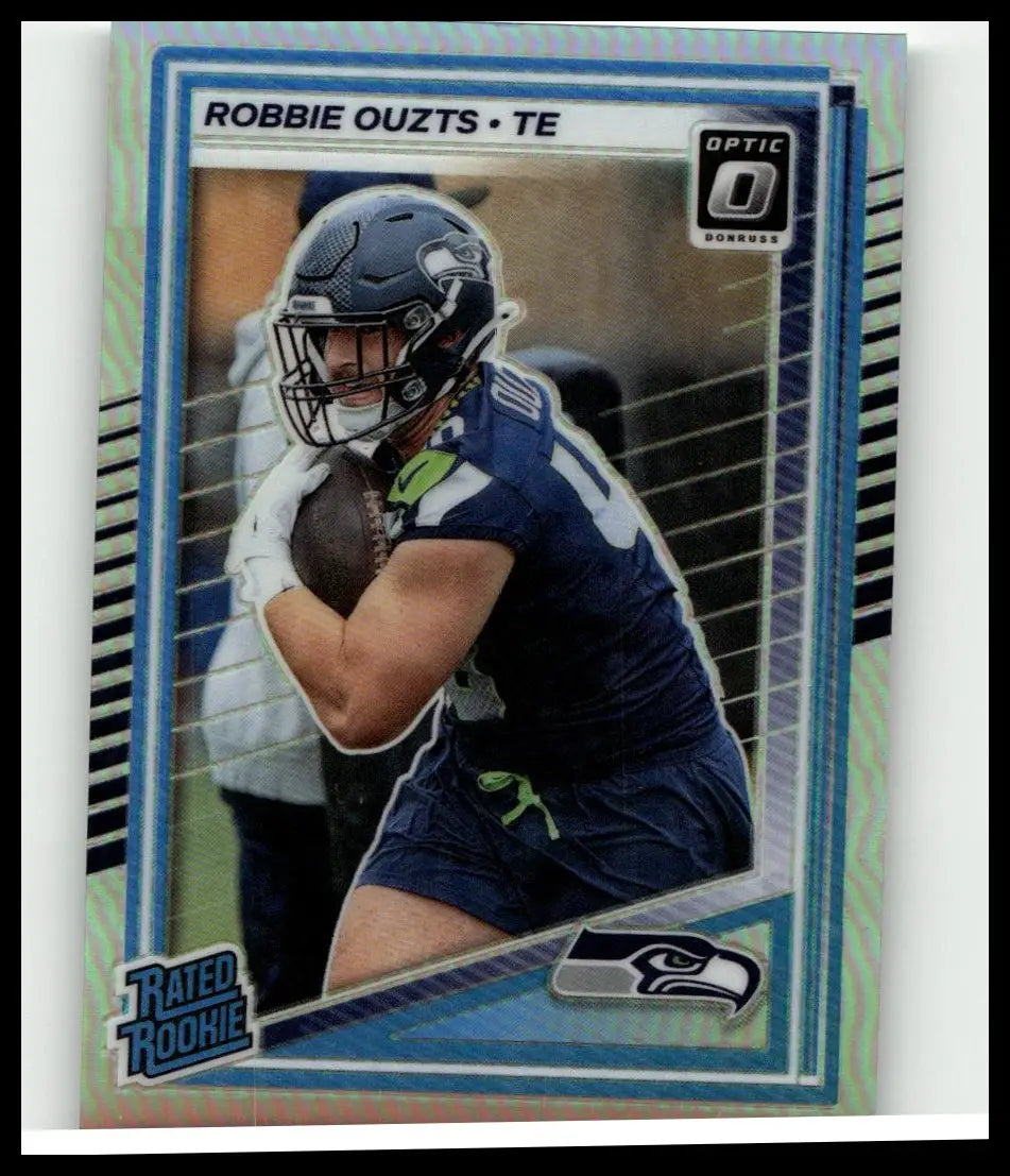 Blue and green 2025 Donruss Optic #264 Robbie Ouzts holo rookie football trading card in Seattle Seahawks uniform
