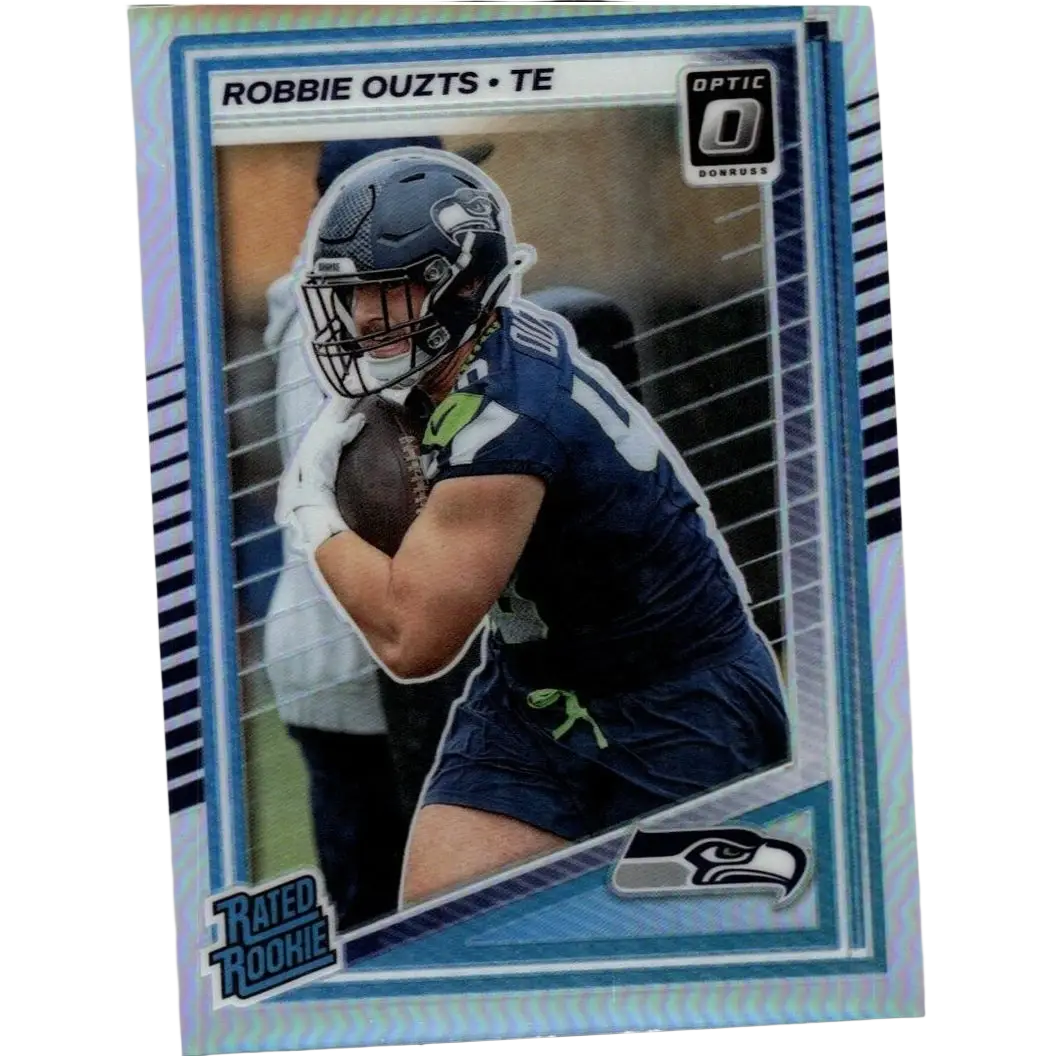 Blue and green Seattle Seahawks rookie football trading card featuring Robbie Ouzts Donruss Optic holo 2025