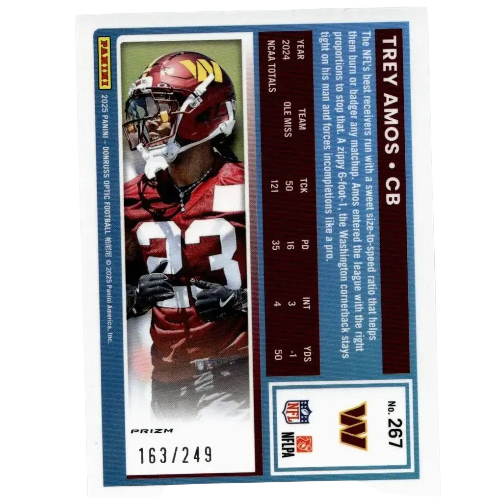 2025 donruss optic #267 trey amos blue football trading card back showing player stats and details numbered out of 249