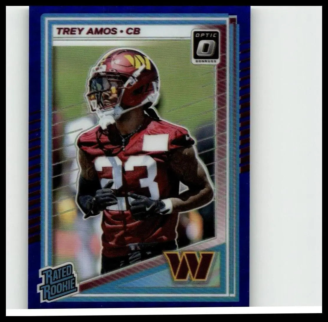 Blue-bordered donruss optic football trading card of trey amos in red jersey labeled optic o bonus rated rookie