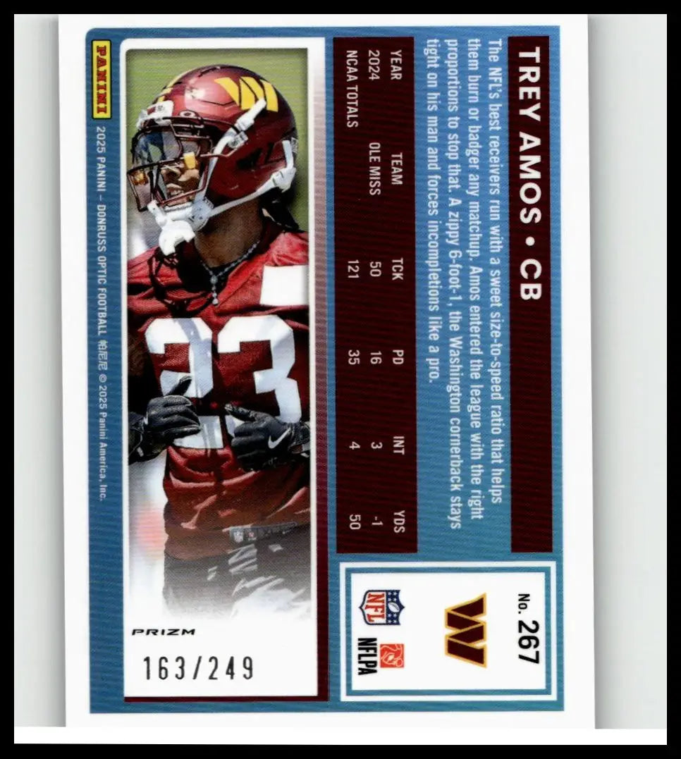 Maroon and gold 2025 Donruss Optic Trey Amos blue football trading card featuring Washington Commanders uniform