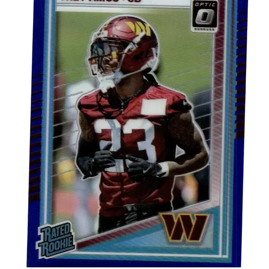 Red and gold washington commanders donruss optic football card featuring trey amos blue numbered 267 of 249
