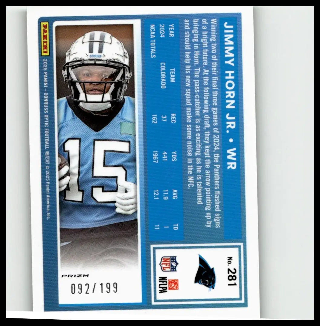 Blue and white donruss optic football trading card featuring jimmy horn jr numbered green 281 of 199