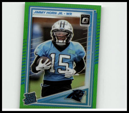 Green and blue framed 2025 donruss optic football trading card featuring jimmy horn jr numbered out of 199
