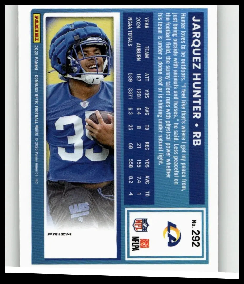Blue donruss optic 2025 football trading card featuring jarquez hunter holo in blue jersey number 35 and matching helmet
