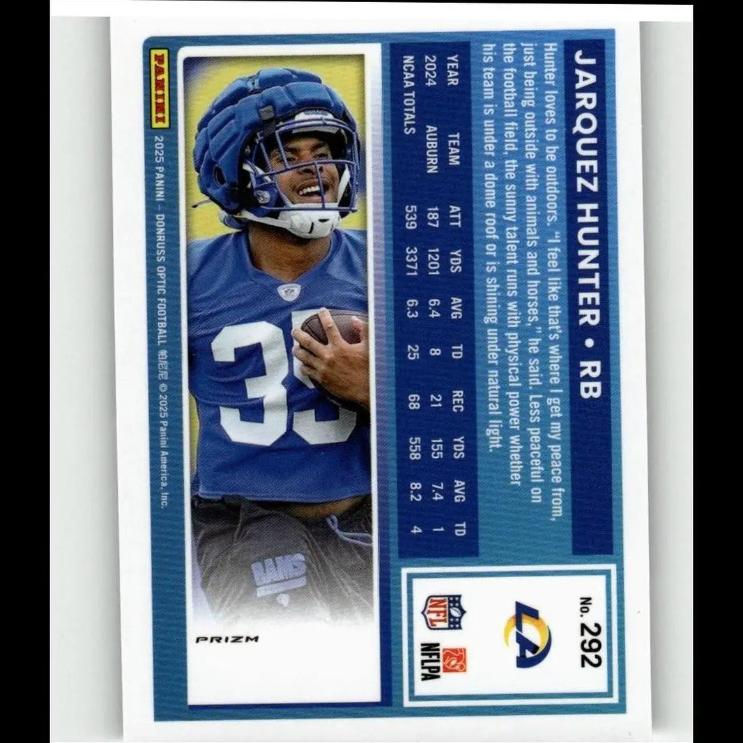 Blue and white 2025 donruss optic jarquez hunter holo football trading card featuring hunter in blue helmet and jersey 38