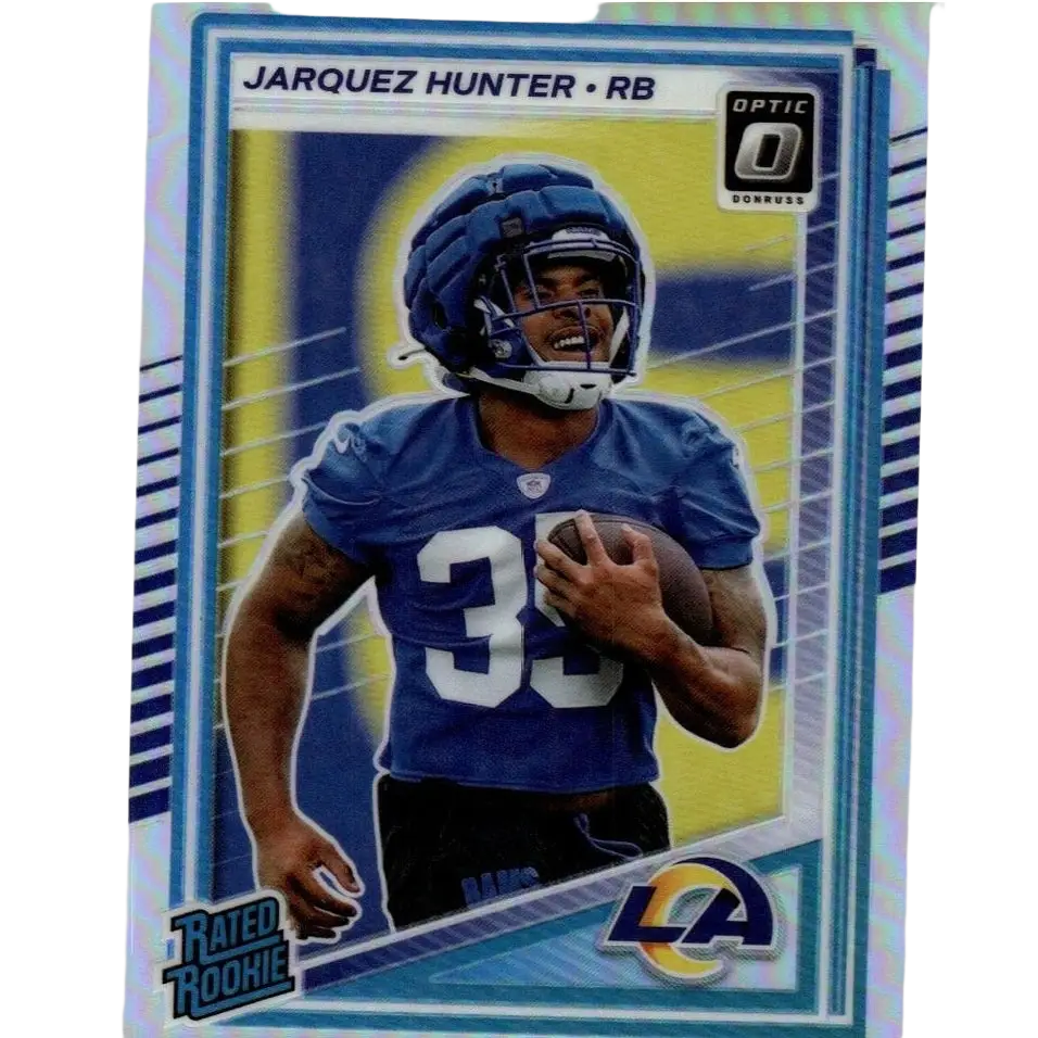 Blue and white 2025 donruss optic football trading card featuring jarquez hunter holo in los angeles rams uniform