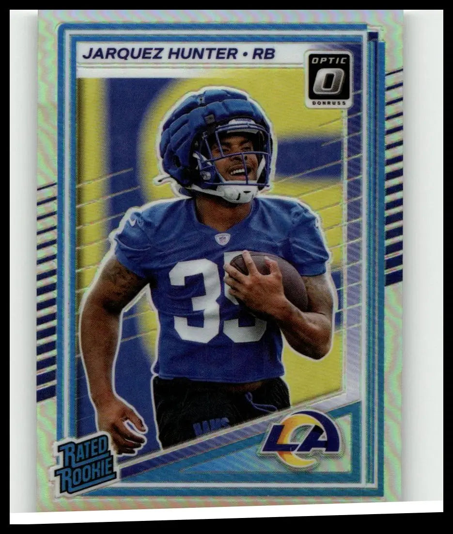 Blue and yellow 2025 donruss optic jarquez hunter holo football trading card featuring player in blue jersey number 35 holding ball