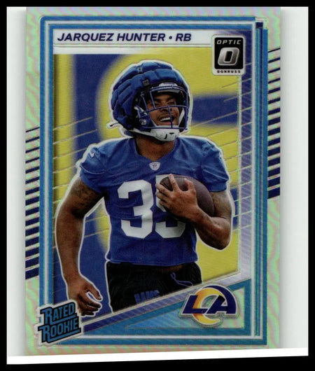 Blue and yellow 2025 donruss optic jarquez hunter holo football trading card featuring player in blue jersey number 35 holding ball