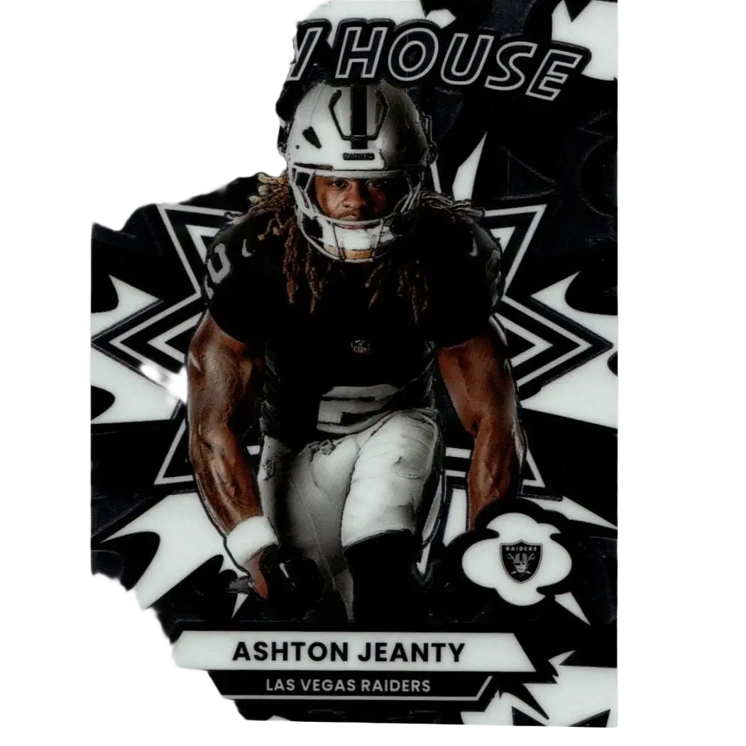 Black and silver donruss optic football trading card featuring ashton jeanty in raiders helmet and uniform