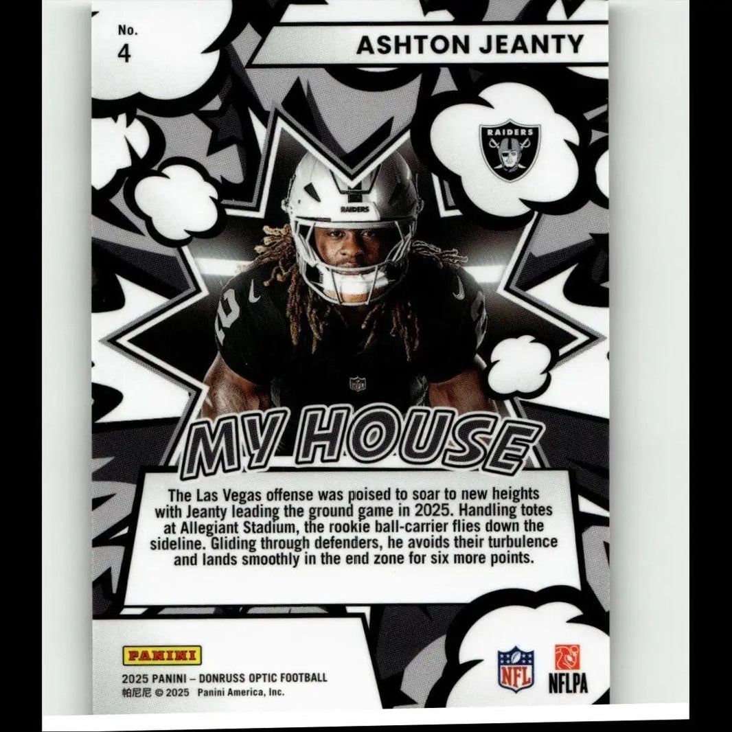 Silver and black 2025 donruss optic football trading card featuring ashton jeanty in raiders helmet for action figures