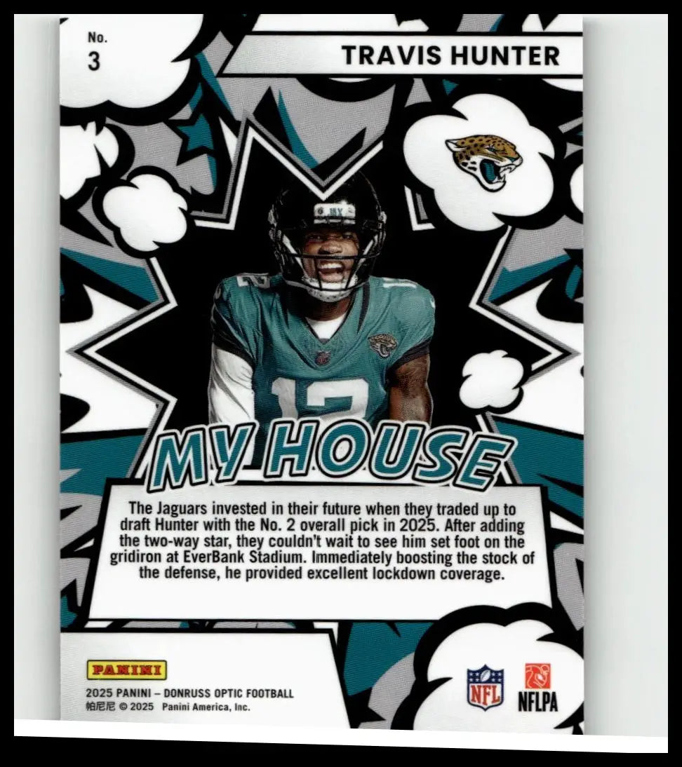 2025 donruss optic football card featuring travis hunter in teal jacksonville jaguars jersey with comic style background
