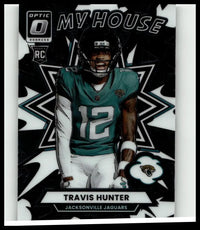 Teal and white 2025 Donruss Optic rookie football card featuring Travis Hunter in jersey number 12 for action collectors