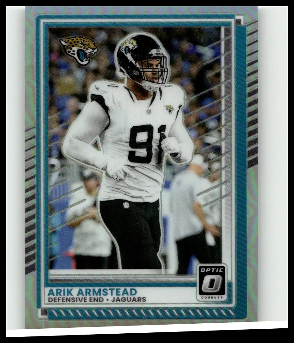 2025 donruss optic arik armstead defensive end trading card with teal silver finish and jacksonville jaguars logo