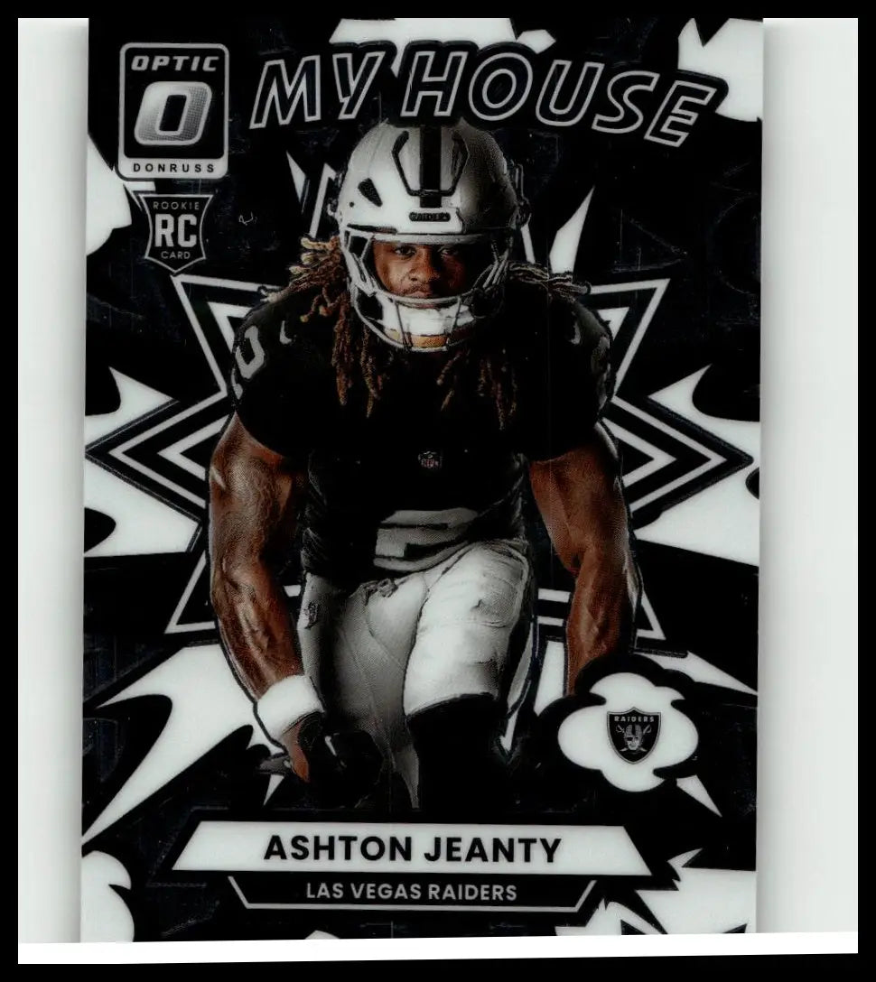 Silver and black football helmet with white faceguard worn by ashton jeanty in 2025 donruss optic action figure