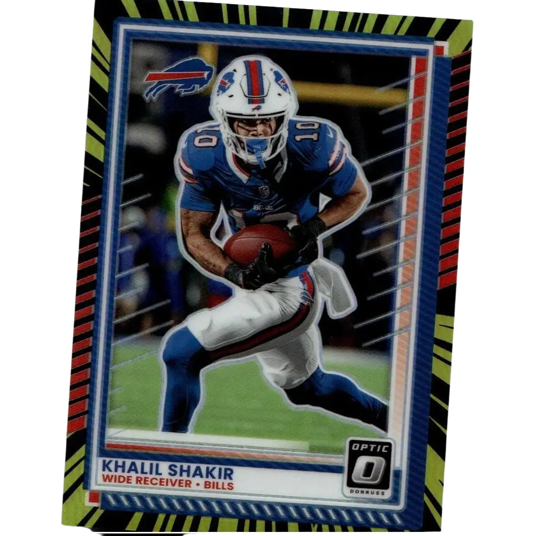 Vibrant blue and white donruss optic football card featuring khalil shakir electricity in action number 10 with red helmet accents