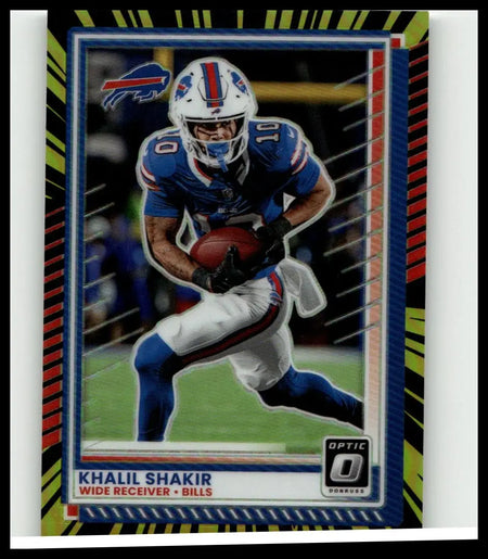 Blue and white donruss optic football trading card featuring khalil shakir electricity in action numbered 44 of 75