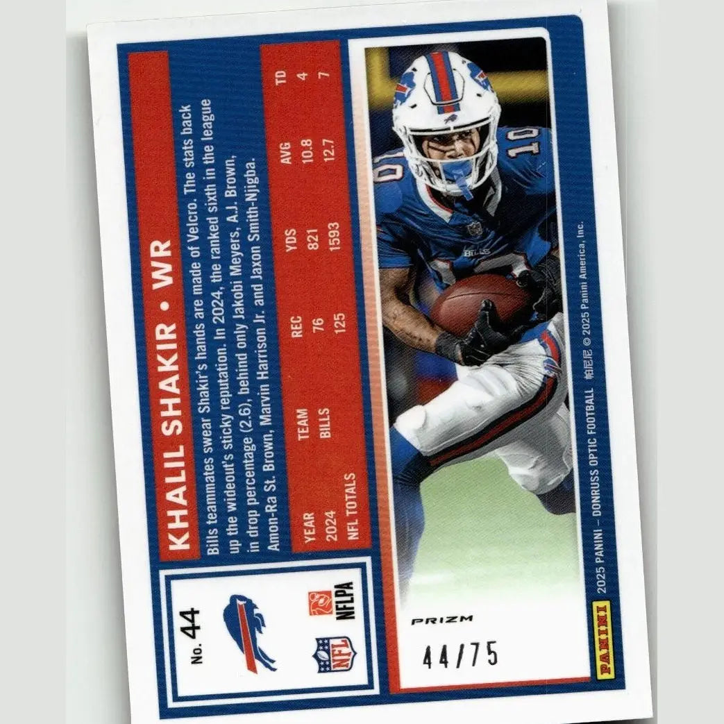 Blue and white donruss optic football trading card featuring khalil shakir electricity numbered 44 of 75 in action