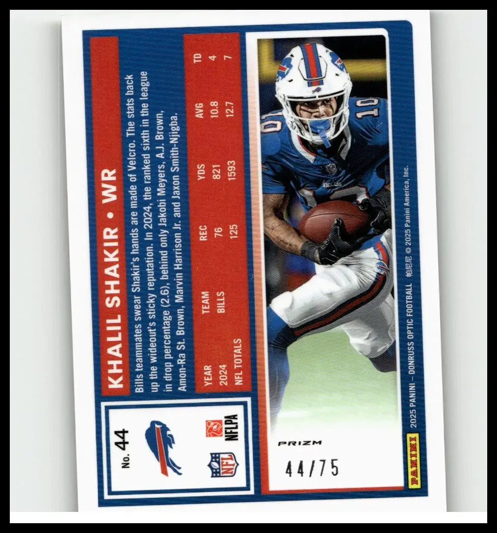 Blue and white donruss optic football trading card featuring khalil shakir electricity numbered 44 of 75 in action