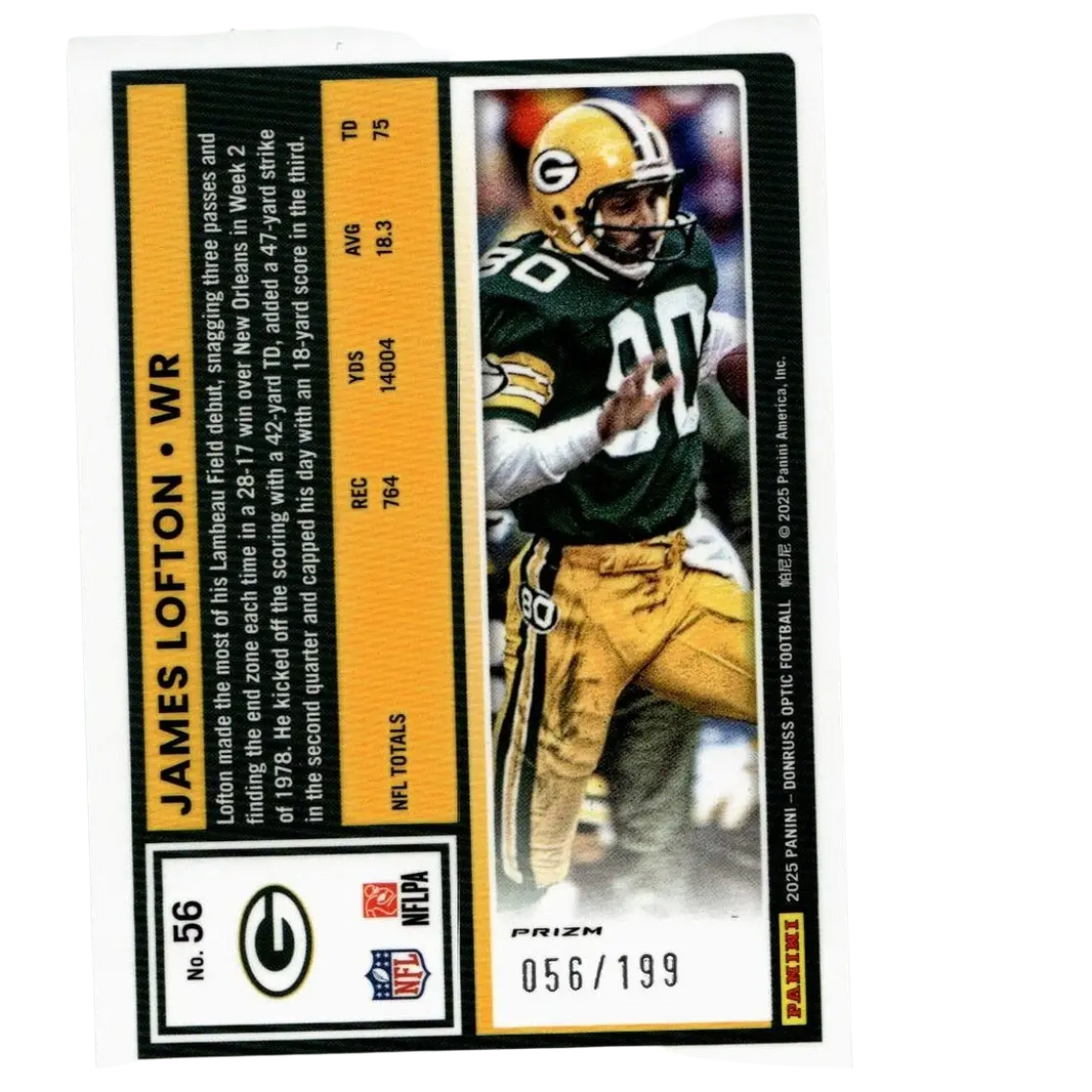 Green and gold 2025 donruss optic #56 james lofton orange football trading card in green bay packers uniform numbered 299