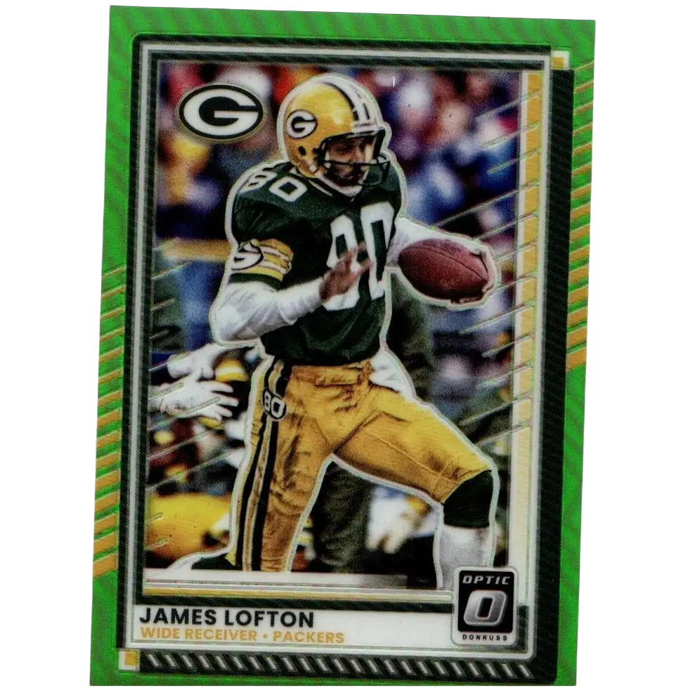 Green and gold 2025 donruss optic #56 james lofton orange football trading card in packers uniform numbered to 299