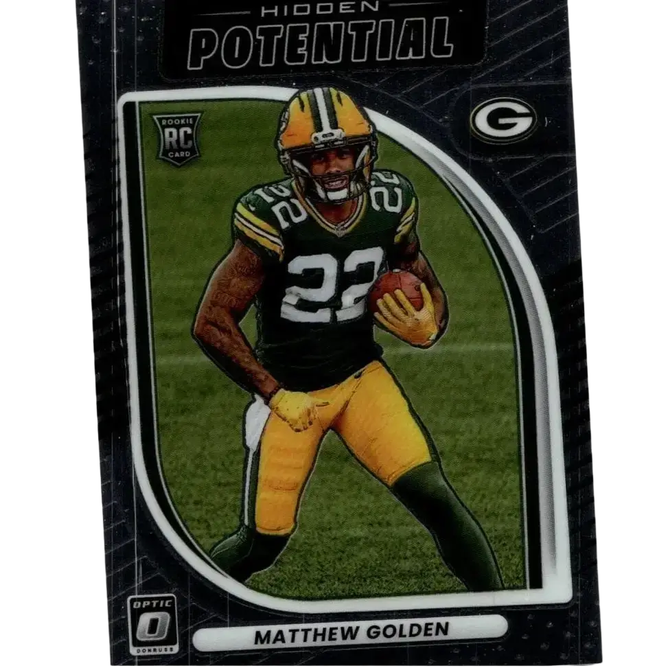Green and yellow donruss optic 2025 rookie football card featuring matthew golden hidden potential number 22 uniform