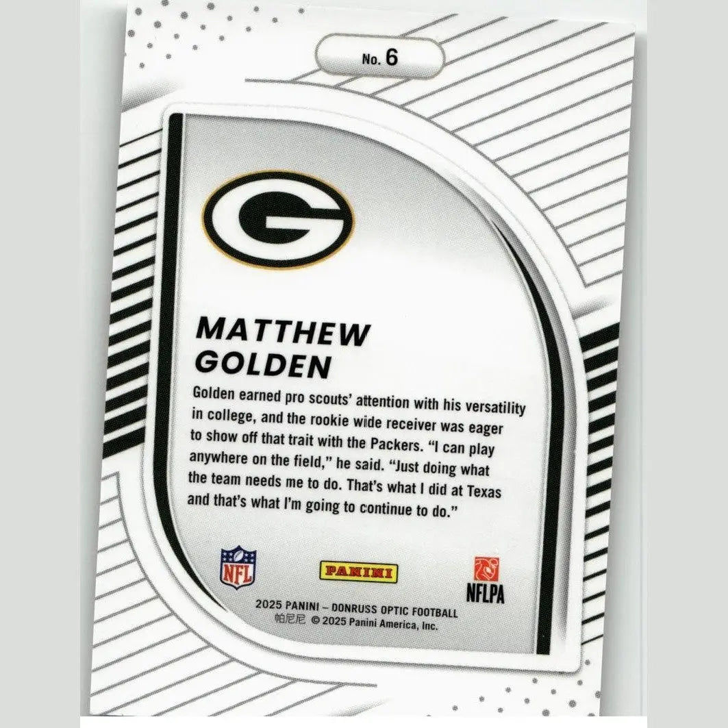 Silver and black green bay packers donruss optic football trading card featuring matthew golden hidden potential