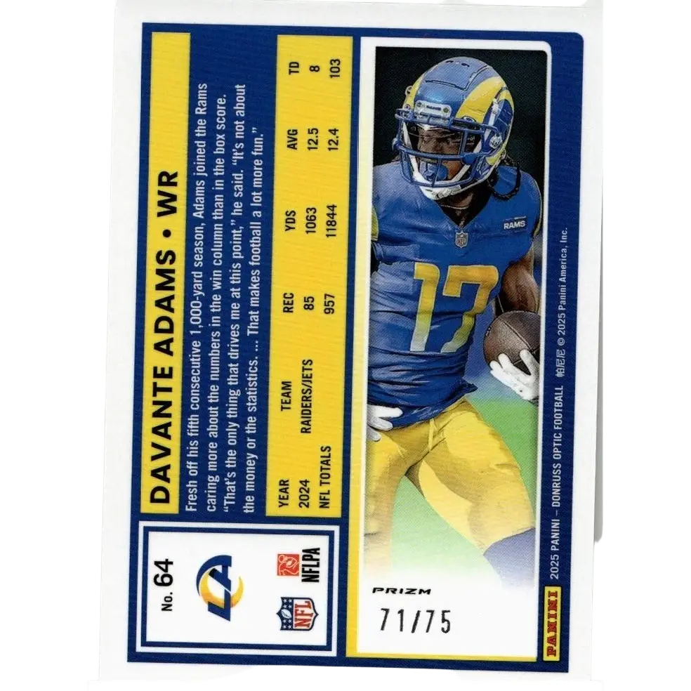 Blue and yellow donruss optic 2025 davante adams electricity football trading card in rams uniform numbered 64 of 75