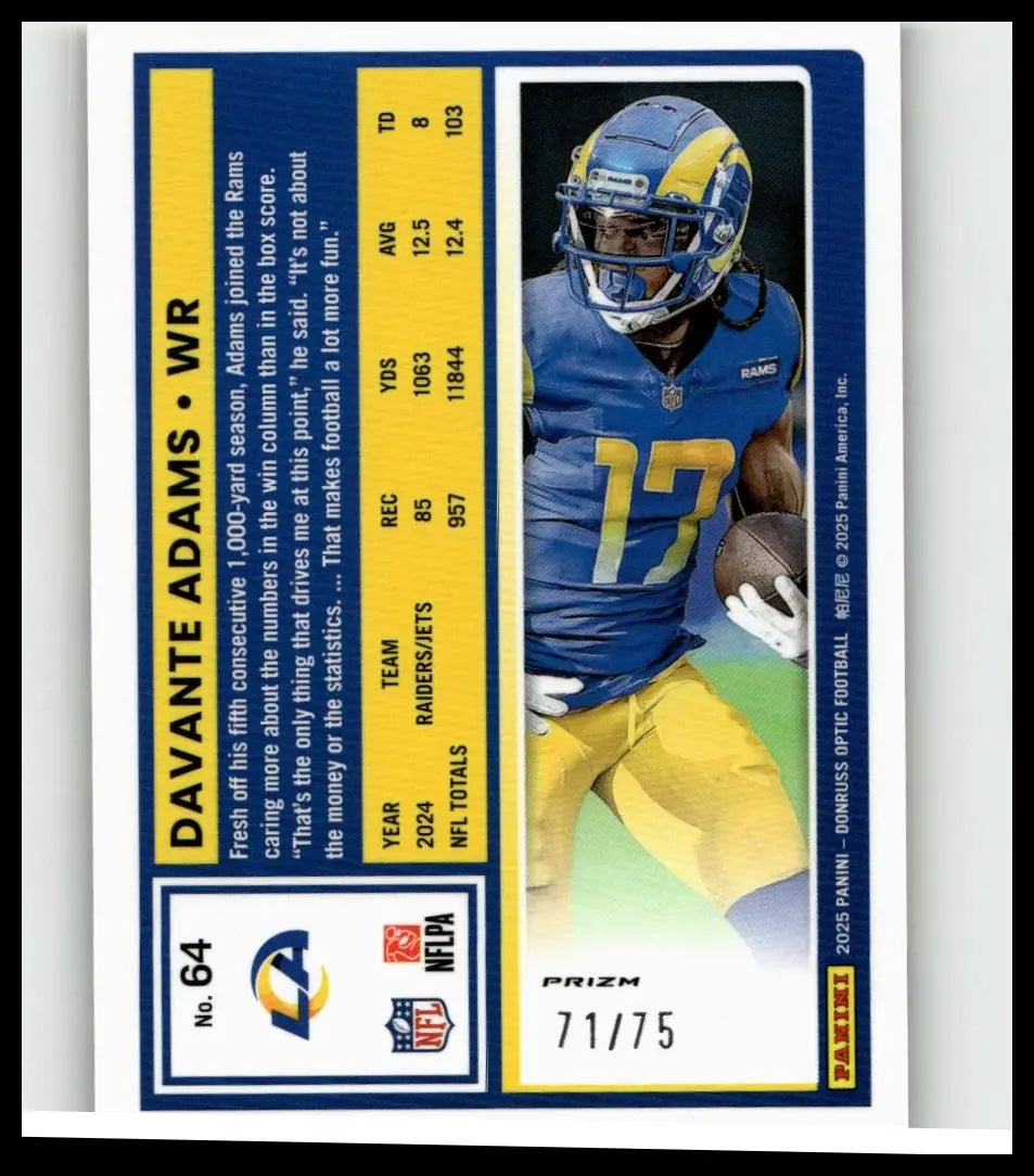 Blue and yellow donruss optic 2025 davante adams electricity football trading card featuring jersey number 17