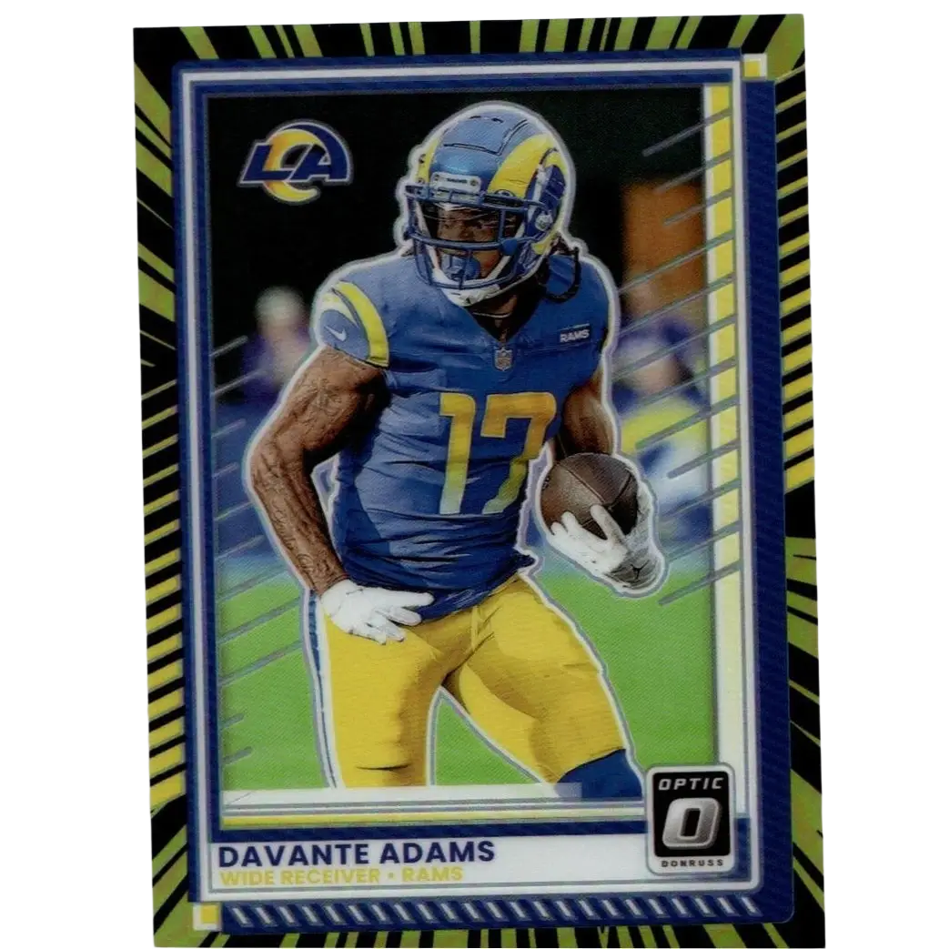 Blue and yellow donruss optic 2025 davante adams electricity football trading card number 64 limited to 75 copies