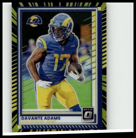 Blue and yellow donruss optic 2025 football trading card featuring davante adams electricity limited to 75