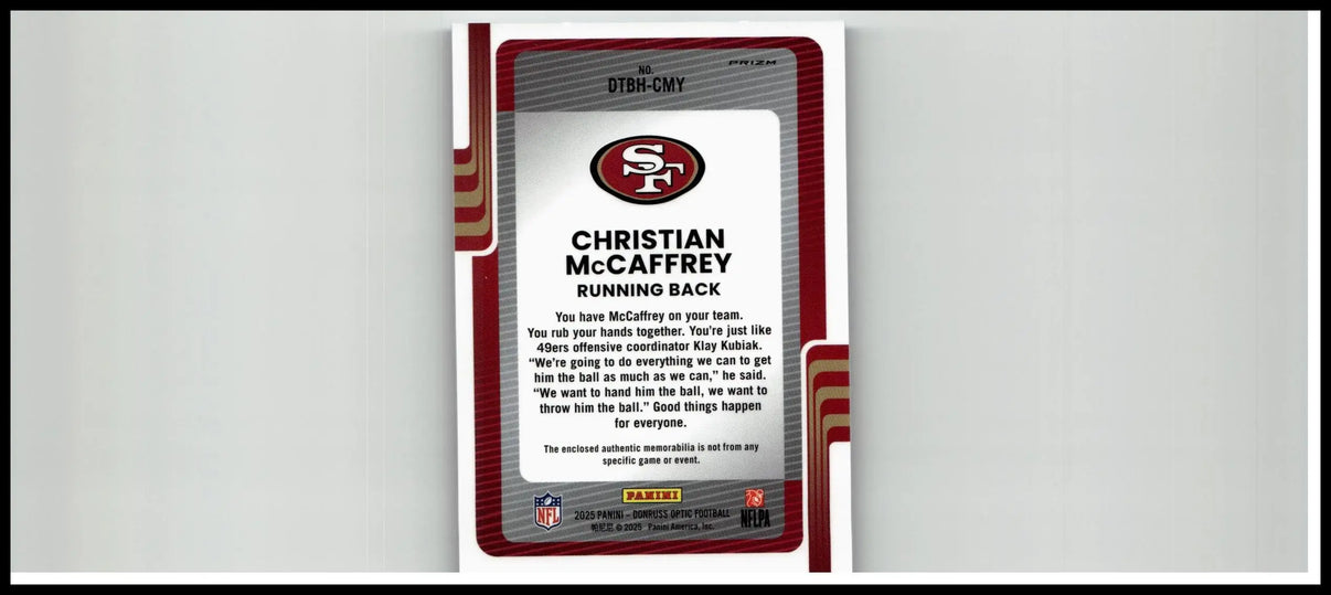 San Francisco 49ers Christian McCaffrey Donruss threads trading card with red silver design and NFL Panini logos