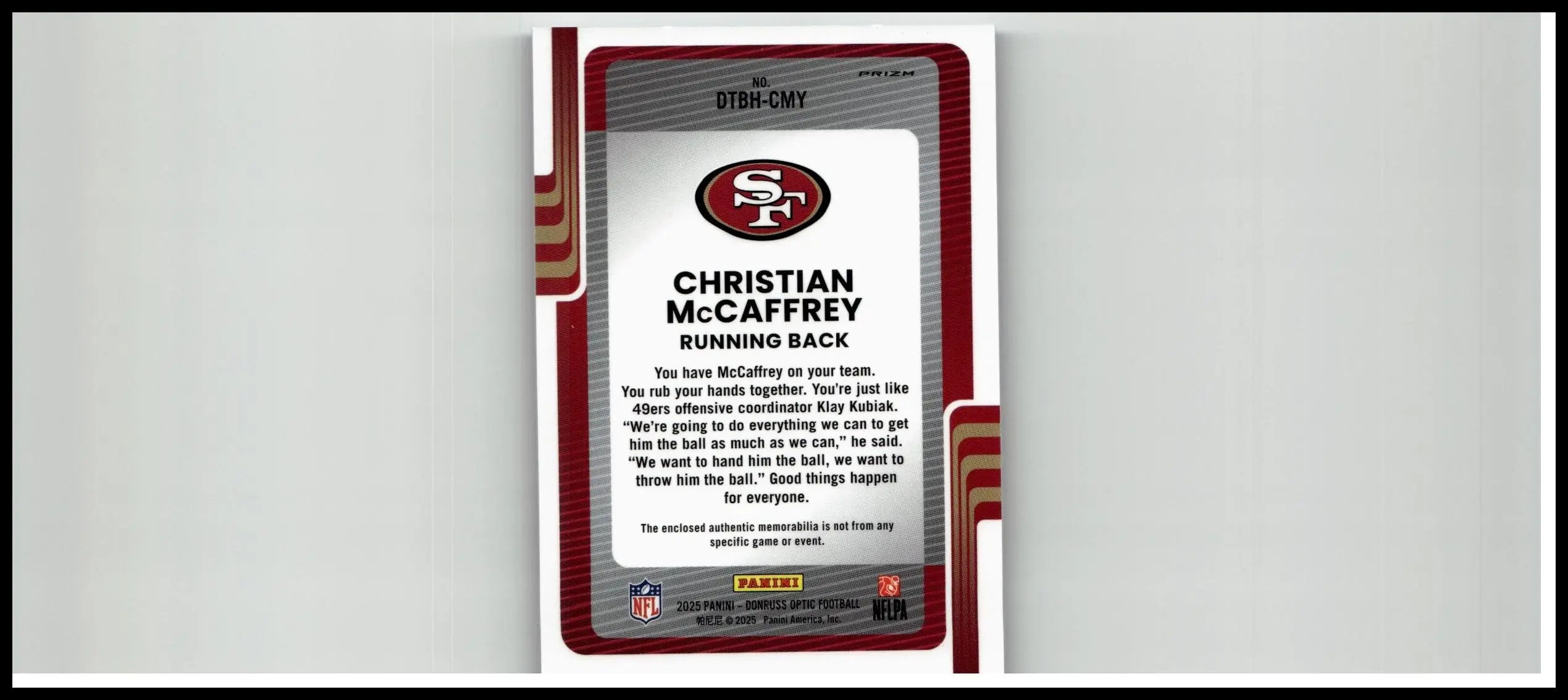 San Francisco 49ers Christian McCaffrey Donruss threads trading card with red silver design and NFL Panini logos