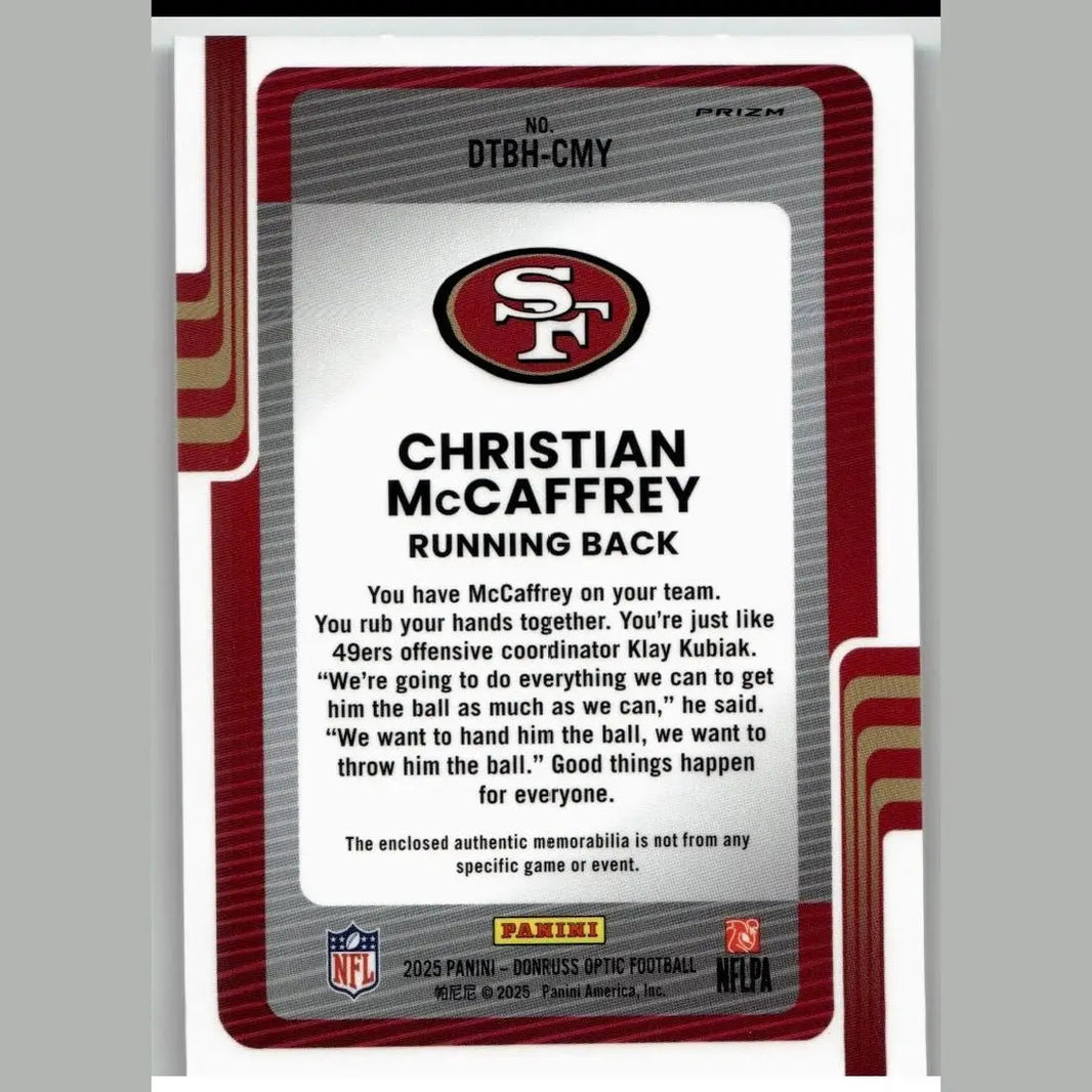 Christian McCaffrey Donruss Optic trading card with silver and red design featuring 49ers logo and neon blue Donruss Threads