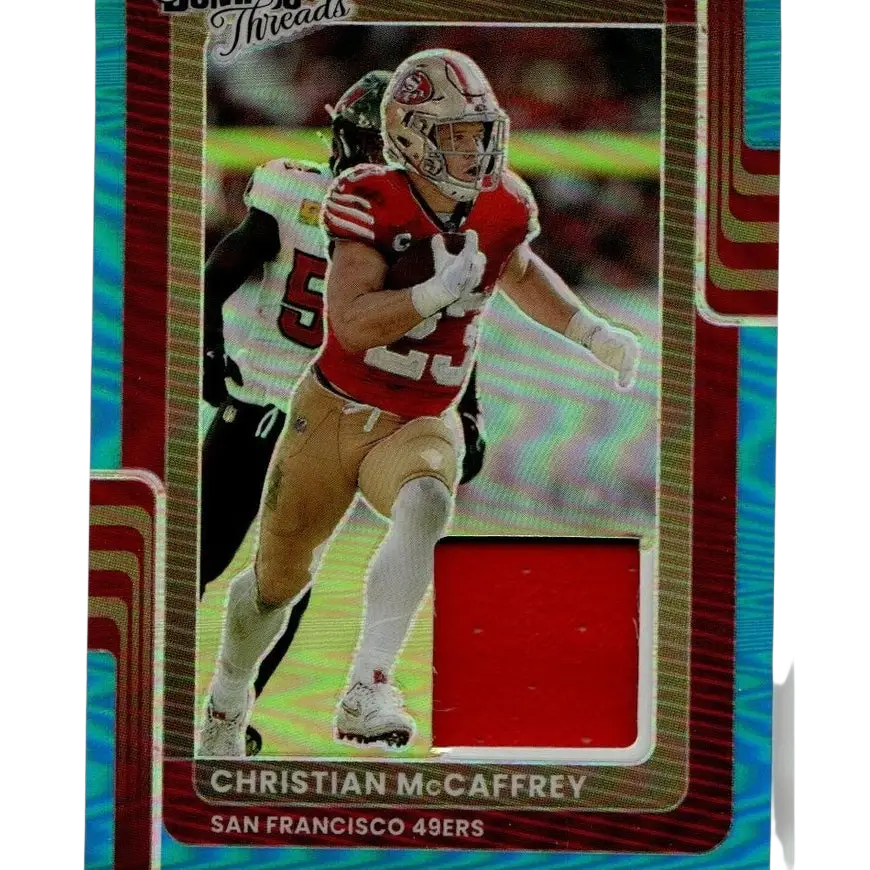 Christian McCaffrey Donruss optic collectible card in red jersey gold pants with iridescent blue red borders from 2025 Donruss optic threads