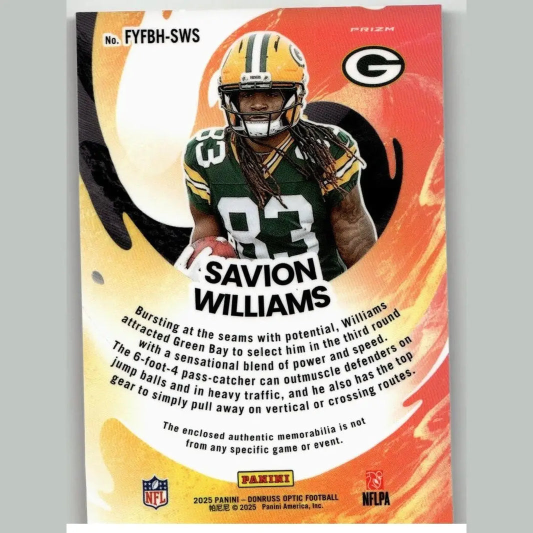 Savion Williams green bay packers football card donruss optic 2025 first year fresh neon orange numbered 49