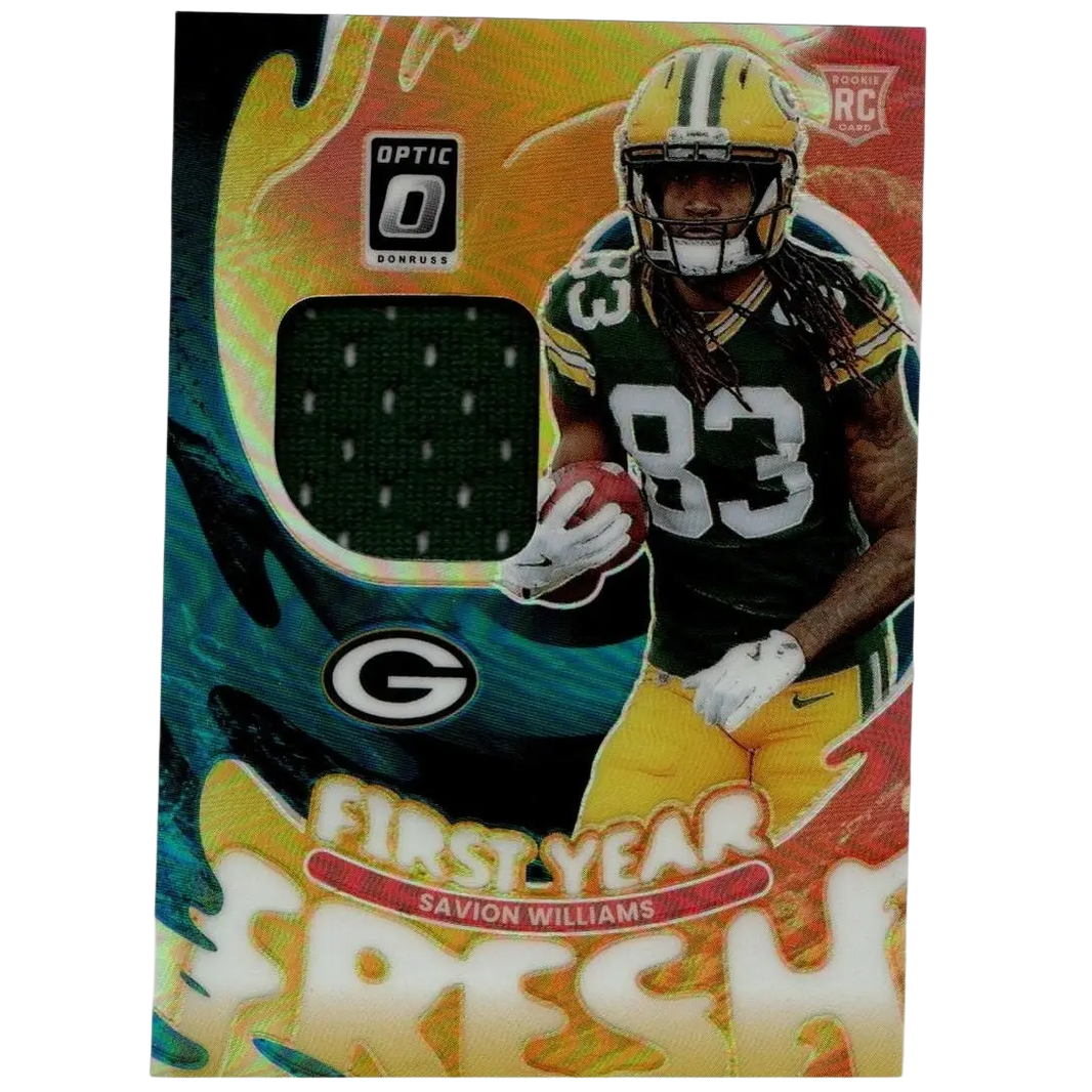 Green and yellow donruss optic 2025 savion williams year fresh neon rookie card with black fabric patch inset