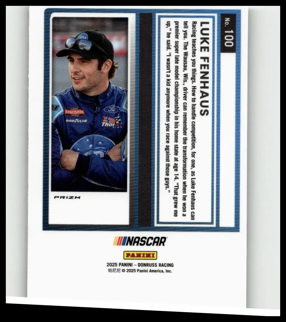 Blue and white 2025 Donruss OPTIC Racing Rated Rookie nascar card featuring driver Luke Fenhaus in racing suit toy figure style