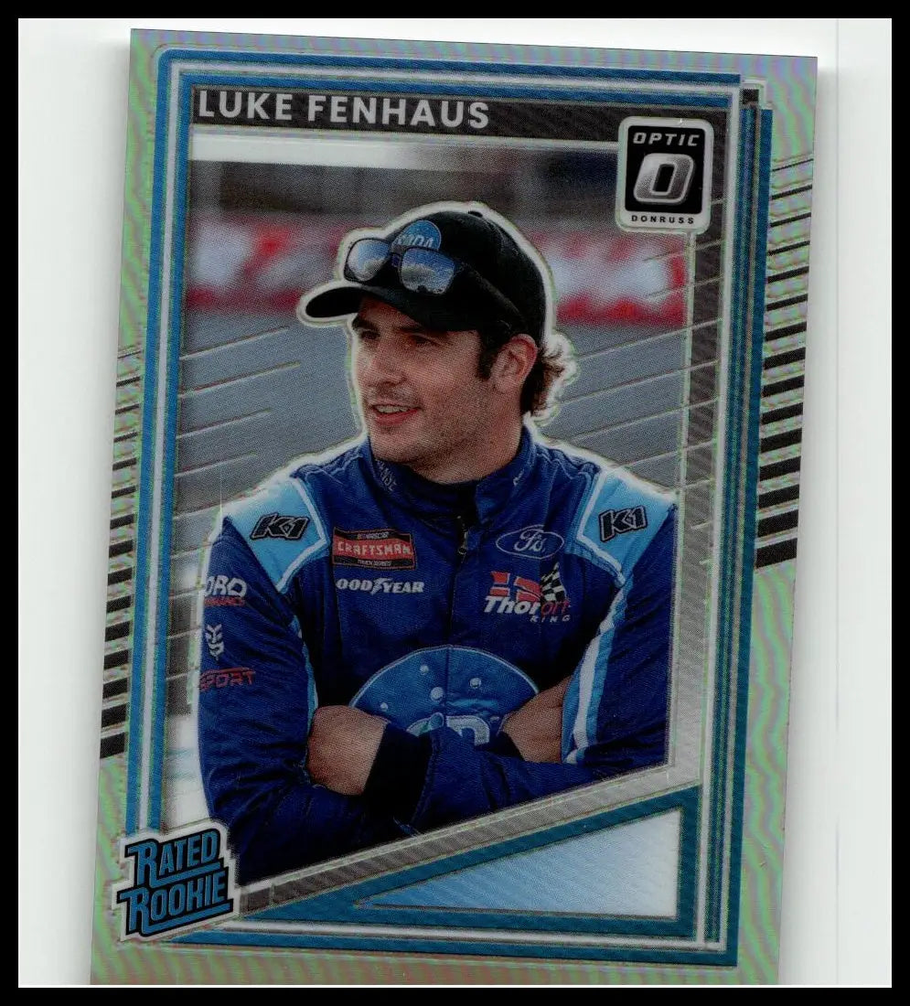2025 Donruss opent racing rated rookie nascar card featuring luke fenhaus in blue and white racing suit collectible toy