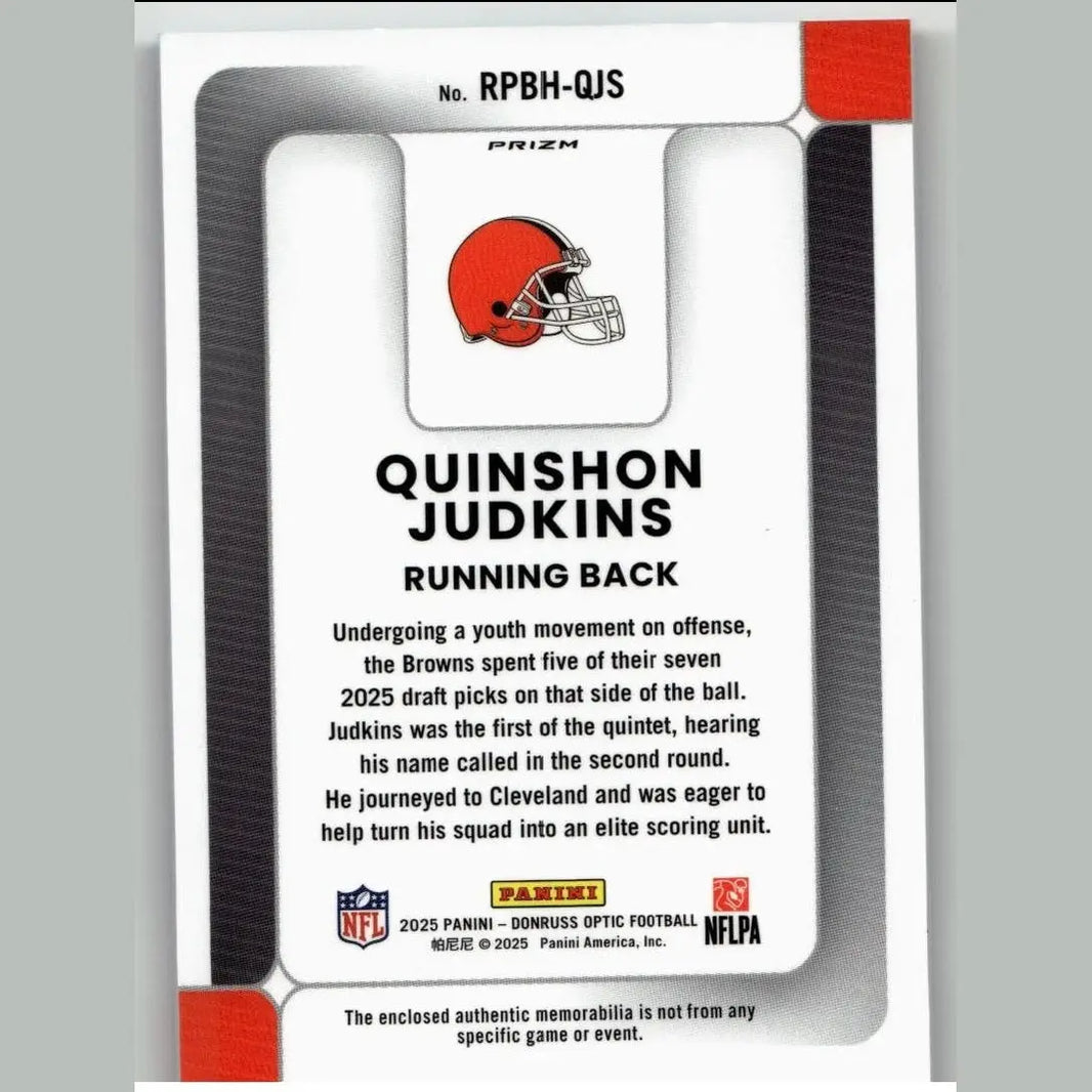 2025 donruss optic rookie phenoms blue hyper trading card featuring cleveland browns helmet and quinshon judkins rookie